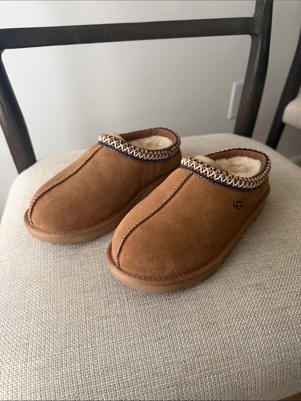 UGG Kids Chestnut Suede Slip-On Clogs with Shearling Trim